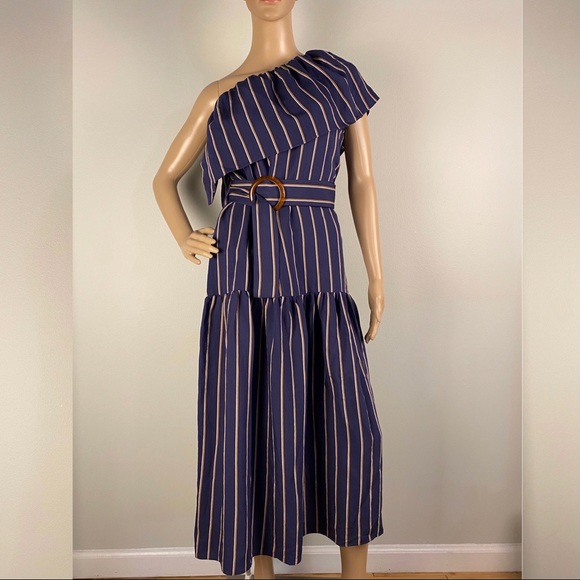 NEW TOPSHOP STRIPED ONE SHOULDER MIDI DRESS - Picture 2 of 9